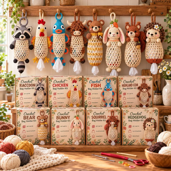 🧶Crochet Animal Bag Holder DIY Kit – Cute & Functional Hanging Storage Craft Kit